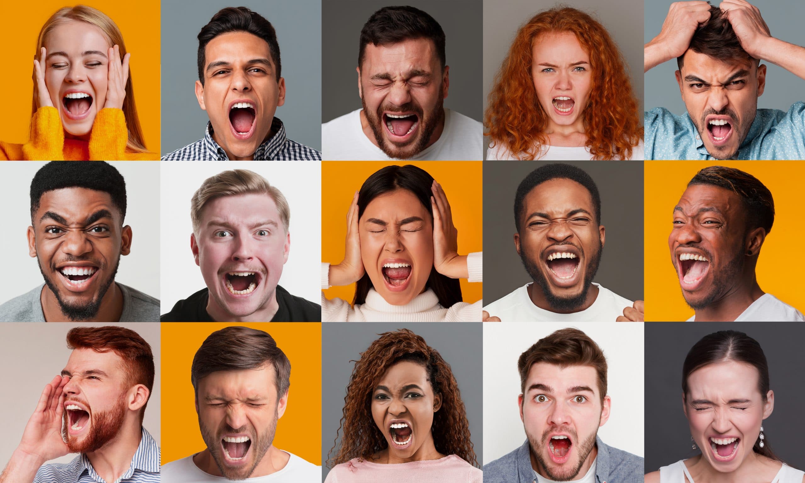 Collage with diverse people screaming, showing negative emotions